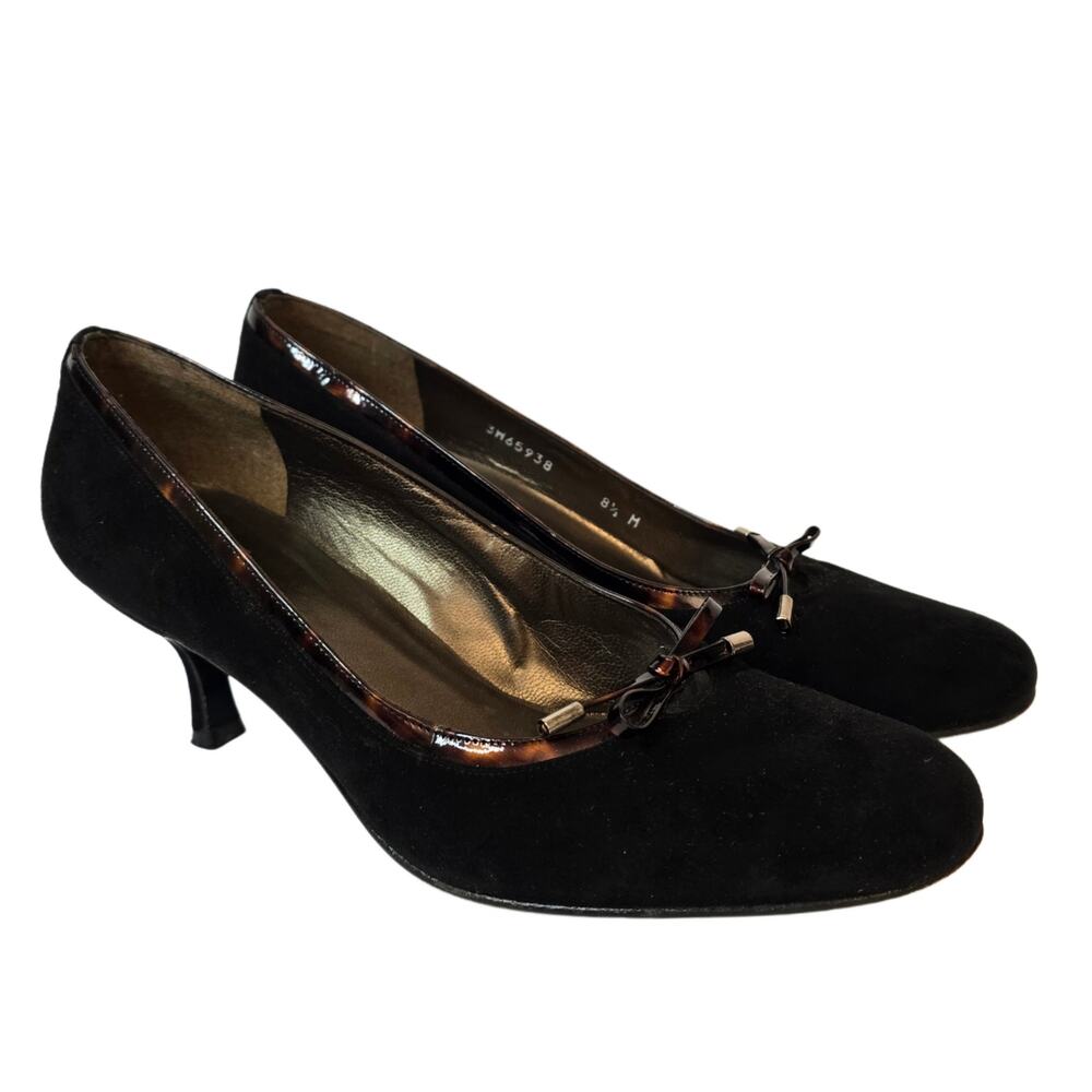 Stuart Weitzman Heels Size 8.5 Black Suede Leather Tortoise Shell Bow Trim